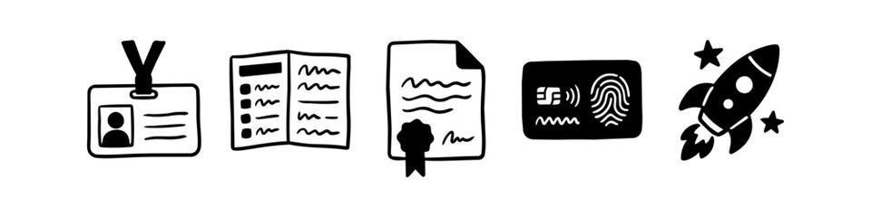 Set of hand-drawn business and security icons including ID badge, brochure, certified document, biometric card, and a rocket ship. Minimalist black doodle style on white background. © Trends