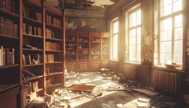 A derelict, sunlit library interior with decaying wooden shelves and scattered books, evoking a sense of lost knowledge.
