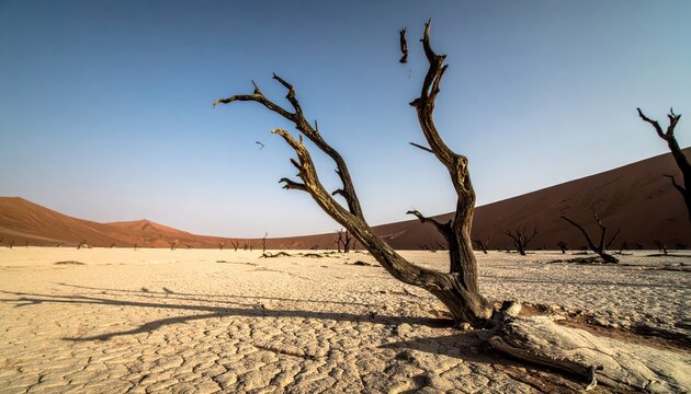 A desiccated tree stands sentinel over a cracked desert landscape under a clear blue sky