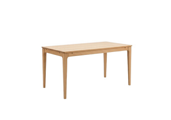 Fototapeta premium Rectangular dining table made of light-colored natural wood with four tapered legs, isolated on a solid black background