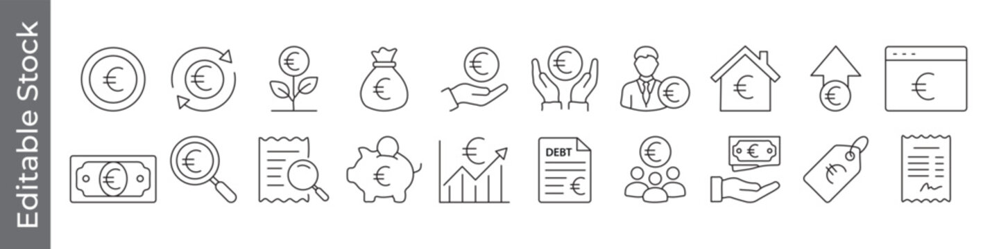Euro finance and money management icon set &ndash; editable outline symbols of investment, savings, accounting, banking and business growth