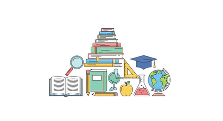 Naklejka premium Open book and magnifying glass with stacked colorful books
