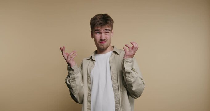 Confused man shows different reactions in four frames on a plain background