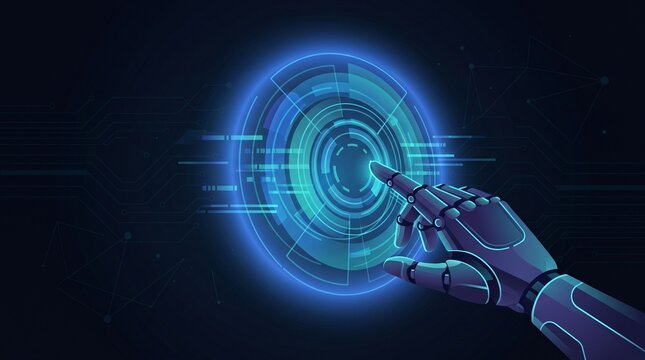 Robotic hand reaches forward to interact with a complex holographic circular interface panel.