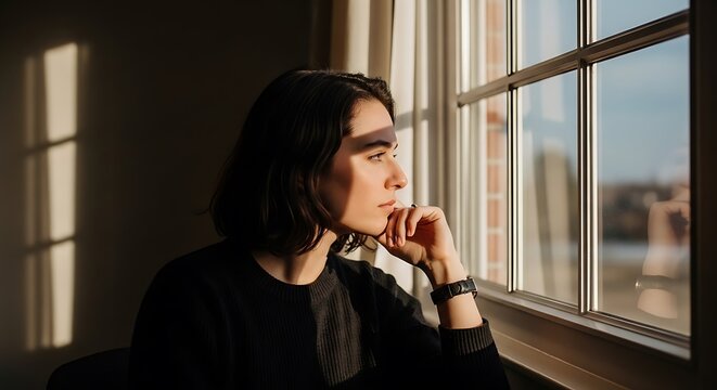 Woman looking out the window thoughtfully.