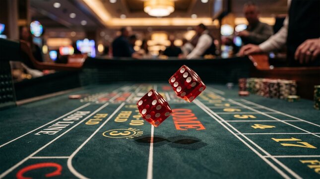 Exciting gamble with a pair of red dice landing on a casino game table