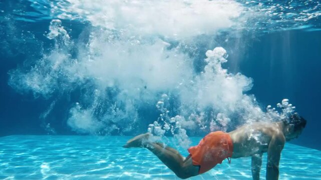 Man Diving Underwater in Blue Swimming Pool Creating Bubbles