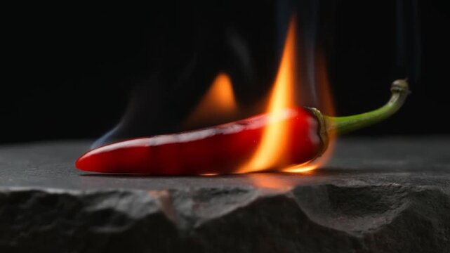 Slow motion tracking shot of red chili pepper igniting and burning with flames on dark stone tabletop in studio closeup