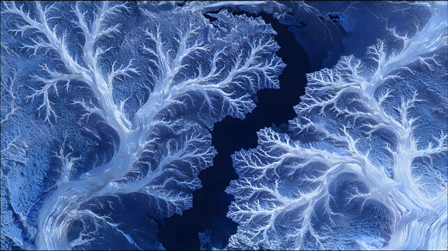 Abstract artistic illustration of silver-blue streams twisting into icy crystal str for creative commercial background design