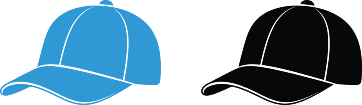 Silhouette of two baseball caps in blue and black on white background