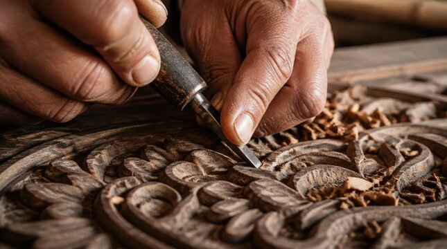 Artisan hands carving intricate floral design into wood with chisel, detailed close-up.