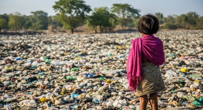 Shocking awareness photo of a poor kid standing in a massive garbage dump landfill for child labour day