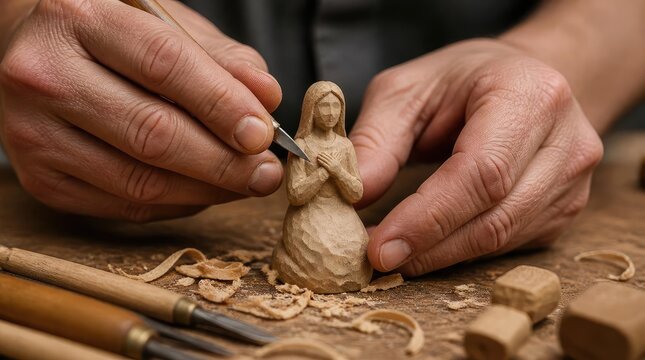 Artisan carving small wooden figurine with detail tools, close-up hands