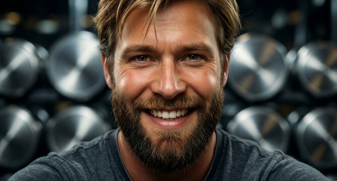 Strong, bearded man smiling confidently in a gym with metallic dumbbells in the background.