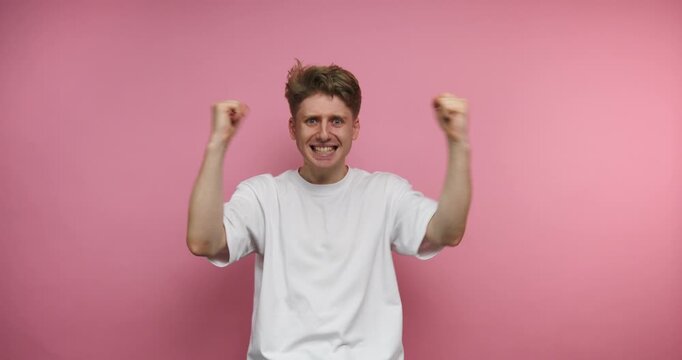 Emotions shown by one person in four frames with a simple pink background