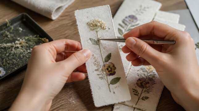 Crafting pressed flower bookmarks: hands arranging delicate botanicals with tweezers