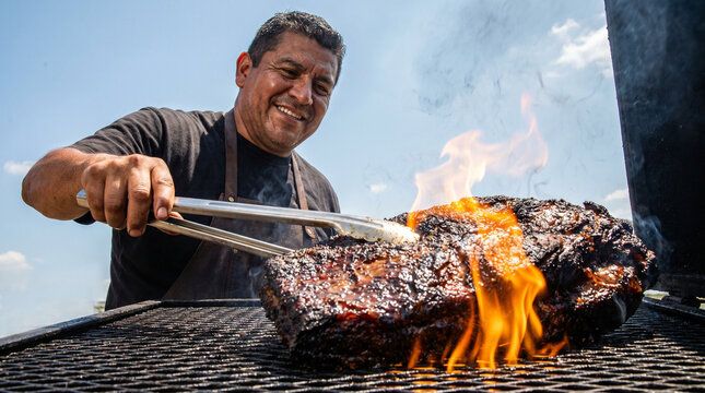 Barbecue pit master expertly grilling succulent meat with flames, under a clear blue sky, using tongs on an open grill, showcasing skill and passion