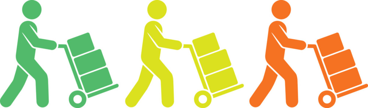 Three workers pushing boxes on hand trucks in a row