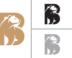 Bear logo designs in brown black and gray with a stylized letter b background © ahsan