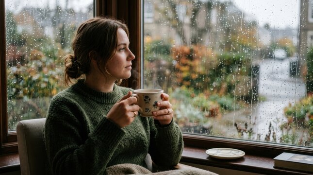 Woman Holding Tea Cup While Gazing Out Window on Rainy Day