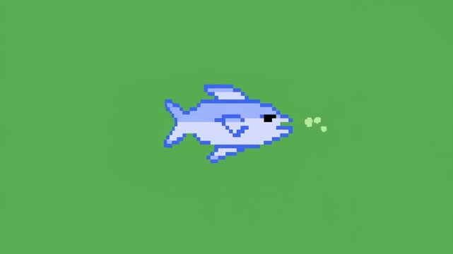 Static shot of pixel art fish swimming right and exhaling bubbles on solid green background side profile 2d sprite animation loop
