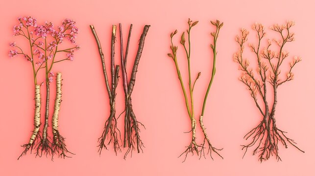 Monocot and Dicot Roots Comparison on Pink Background Minimalist Botanical Illustration