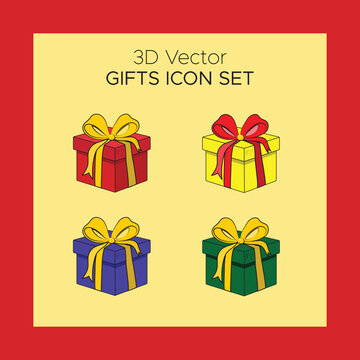 Collection of 3D Vector Gift Box Icons Set of 04 in Red, Blue, Yellow and Green Color Accents, Realistic Present Boxes Illustration Pack, Isolated Celebration Gift Elements for UI Design, Web Graphics