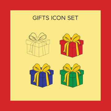 Collection of Red, Green, Blue and Outline Gift Icons Set of 04 Vector Illustrations, Minimal Flat Style Present Box Icon Pack for UI Design, Web Interface, App Design, and Decorative Graphic Elements