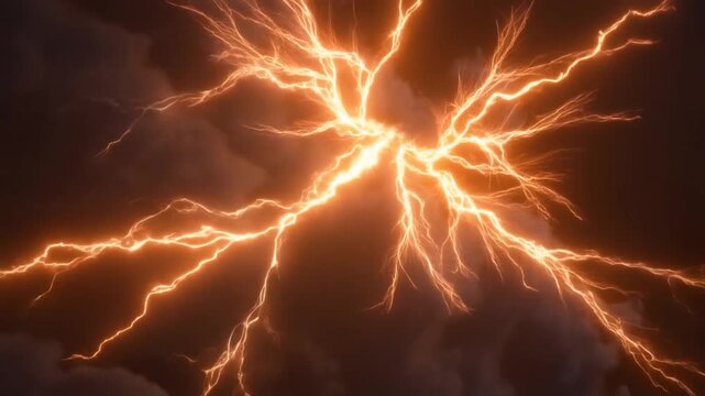 Slow motion close up of lightning bolts branching and striking through dark storm clouds with glowing orange discharge across turbulent sky