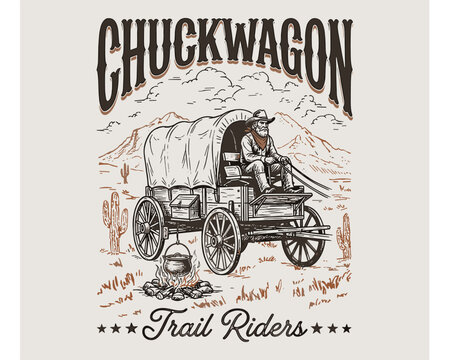 Chuckwagon trail riders. Mountain adventure vintage print design for t shirt. Western cowboy desert graphic. Wild west legend.