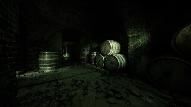 Moody underground cellar filled with barrels, green nightvision tint, damp brick arches, oak casks lined against stone wall, shadowy corridor suggesting hidden