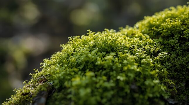 Close-up of Lush Green Moss Growing on a Tree Branch.