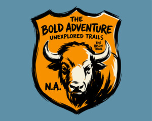 The bold adventure. Bison trail vintage print design for t shirt. Unexplored trails. Mountain adventure vintage print. Explore more. © rahel lila
