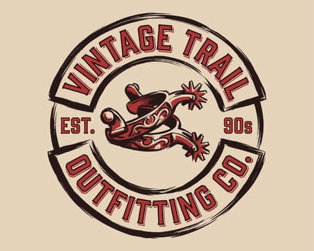 Vintage trail outfitting co. Western adventure vintage print design for t shirt. Cowboy spurs graphic. Explore more.