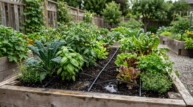 Garden beds are filled with different plants including basil, lettuce, and herbs. A watering system is set up for the plants. The sun shines on the vibrant garden