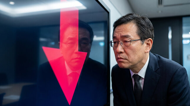 Man in suit contemplating central bank interest rate decision with large red downward arrow on digital screen in modern office setting