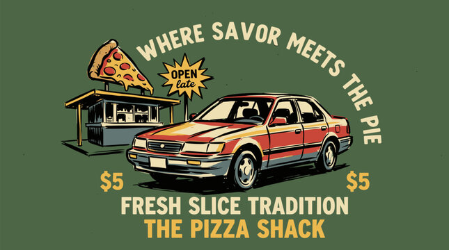 Build for speed. Car print design for t shirt print, poster, sticker, background. Pizza shack legend. Road speed graphic print.