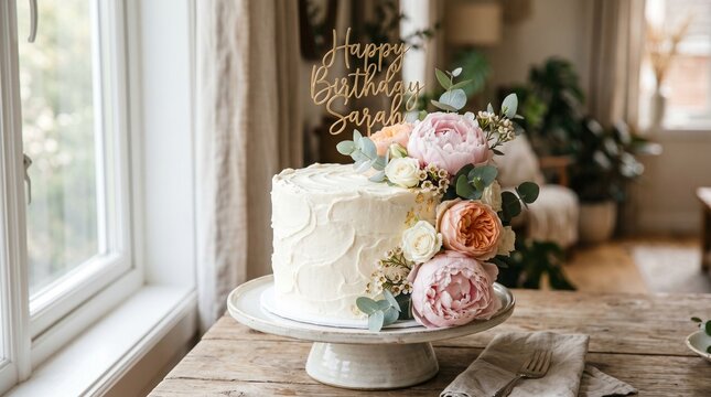 A beautiful single-tier birthday cake with textured white frosting, fresh peonies and roses, eucalyptus leaves, minimalist design, clean aesthetic, natural sunlight, premium bakery style, realistic fo