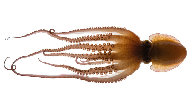 Brown octopus with eight tentacles and suckers spread out