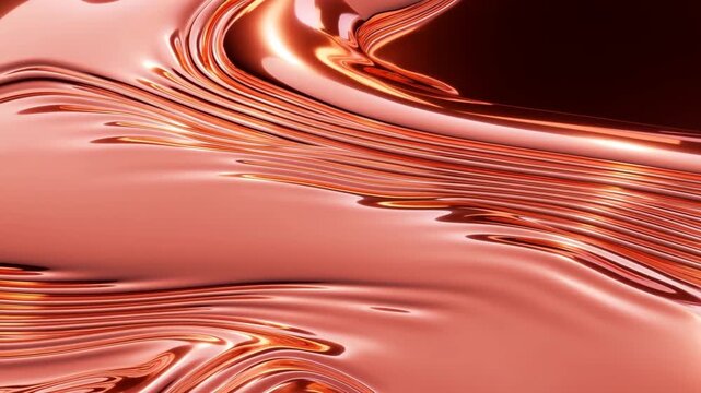 Slow motion static close up of liquid metal waves and ripples flowing across reflective copper surface in studio interior abstract background