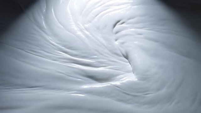 Slow motion close up of viscous liquid swirling and folding across smooth surface on studio tabletop with directional lighting