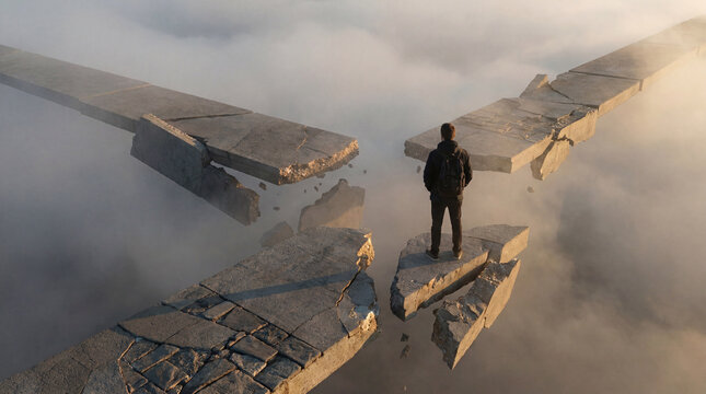 Man Standing on Broken Path Above Clouds Facing Uncertain Future, Concept of Challenge and Decision