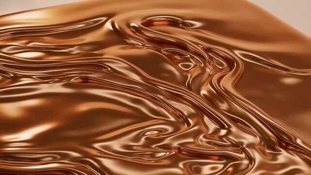 Slow motion closeup of molten copper liquid flowing and rippling on reflective studio tabletop surface