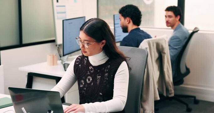 Laptop, reading or woman with paper in office, testing or software guidelines for feature integration. Notebook, coworking or web developer with pc for maintenance update, programming bugs or report