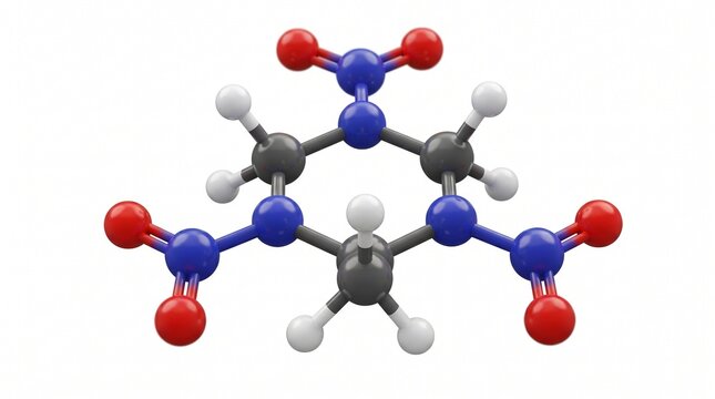 3D molecular model of HMX (Octogen) compound, a powerful nitramine explosive, showing its atomic structure with color-coded spheres.