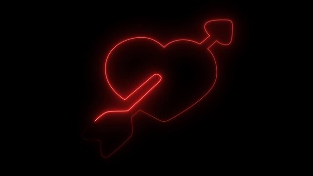 Glowing red neon heart shape with an arrow piercing through it love romance