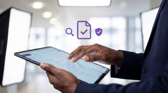 Professional reviewing digital document on tablet with security and verification icons.
