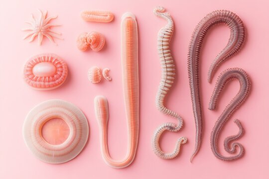 Comparative layout of various flatworms on pink background