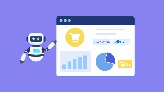 Animated robot presenting an ecommerce analytics dashboard with dynamic charts, sales metrics, and data visualization. Looping motion graphic ideal for business, technology, and automation concepts.