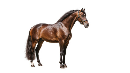 Brown horse with black mane and tail wearing a bridle © Jonas